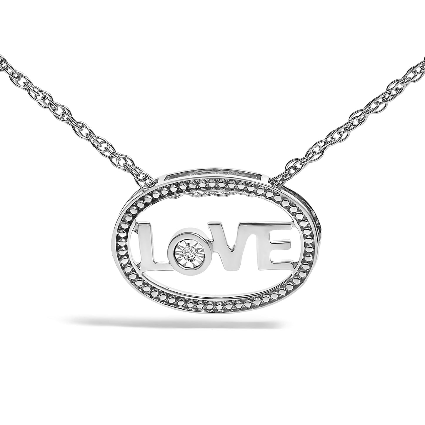 .925 Sterling Silver Diamond Accent "LOVE" Beaded Oval Pendant Necklace (J-K Color, I2-I3 Clarity) - 18" Inches