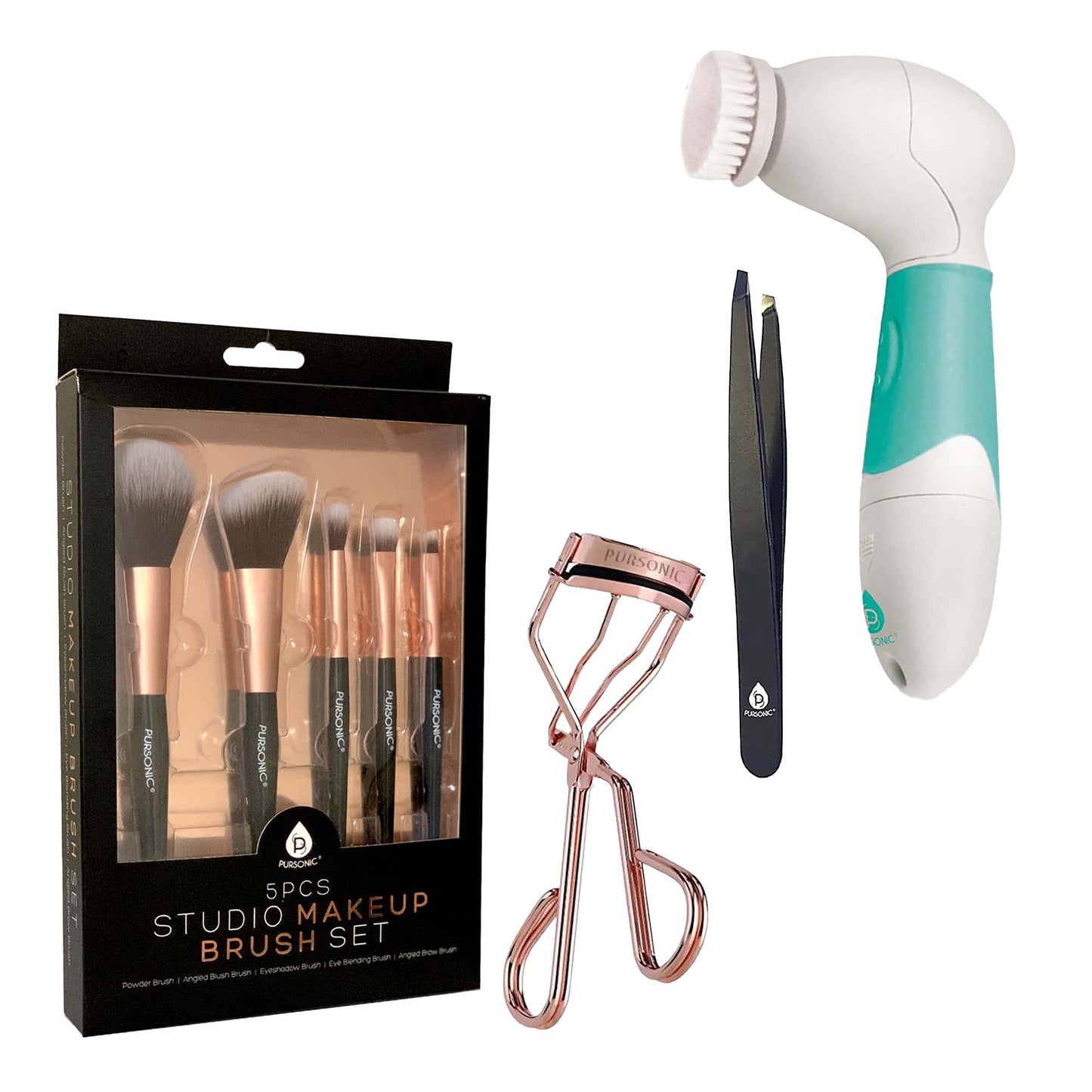 Pursonic Beauty Essentials Bundle - Advanced Facial and Body Cleansing Brush, Studio Makeup Brush Set, Slant Tip Tweezer, and Eyelash Curler